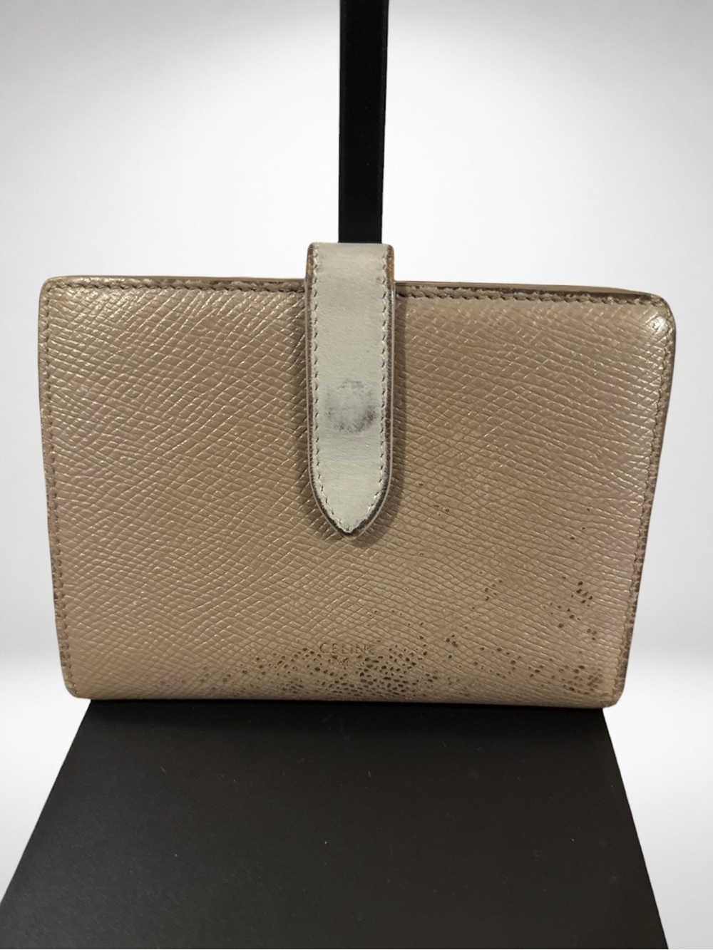 Celine Medium Strap Wallet Grained Leather Taupe Beige Bifold Continental Wallet